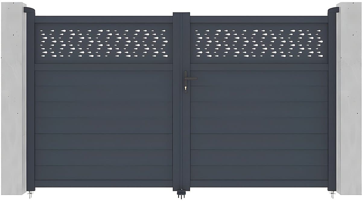 Vente-unique Elektrische draaipoort van aluminium met motieven - Halfopengewerkt - L.305 x H.182 cm - Antraciet - BAZIO