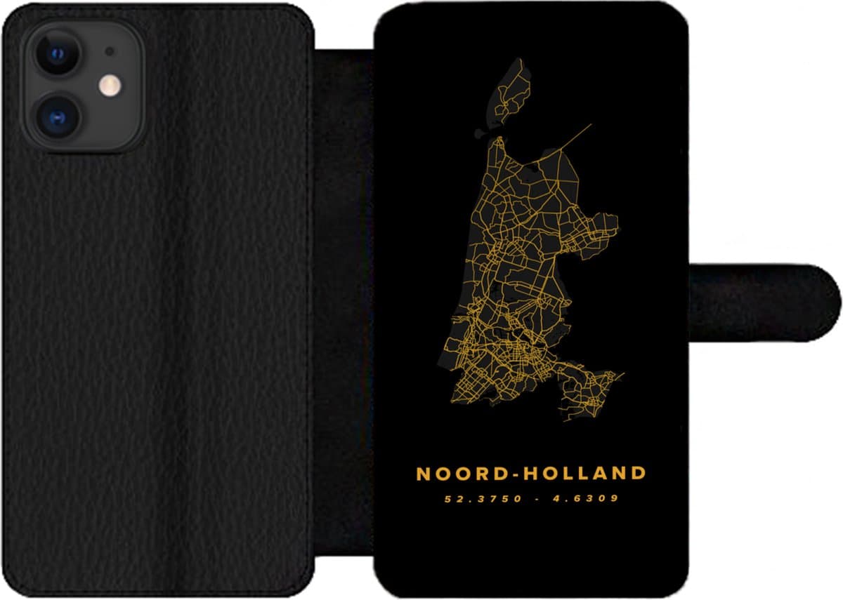Telefoonhoesje Geschikt voor iPhone 11 telefoonhoesje - Noord-Holland - Kaart - Goud - Met vakjes - Wallet case met magneetsluiting
