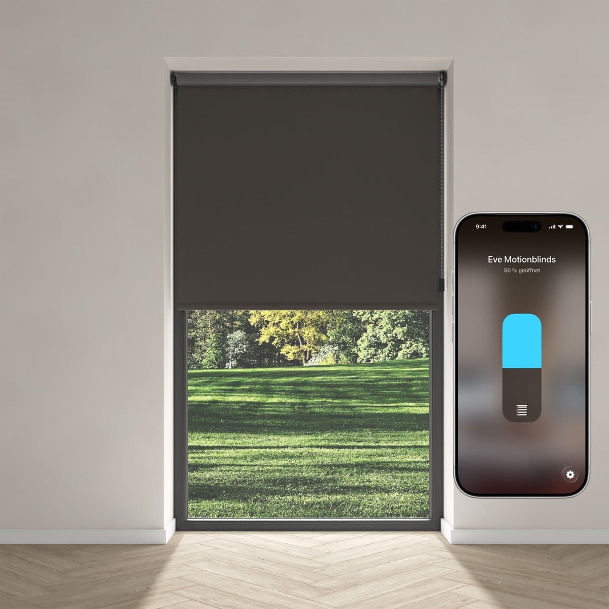 Eve Motionblinds (Matter) - Slim elektrisch rolgordijn voor binnen, app-/spraakbediening, schema's, verduisterend, oplaadbare accu, vrijhangend, schroefmontage, automatiseringen, vereist een hub, antraciet - 210x190cm