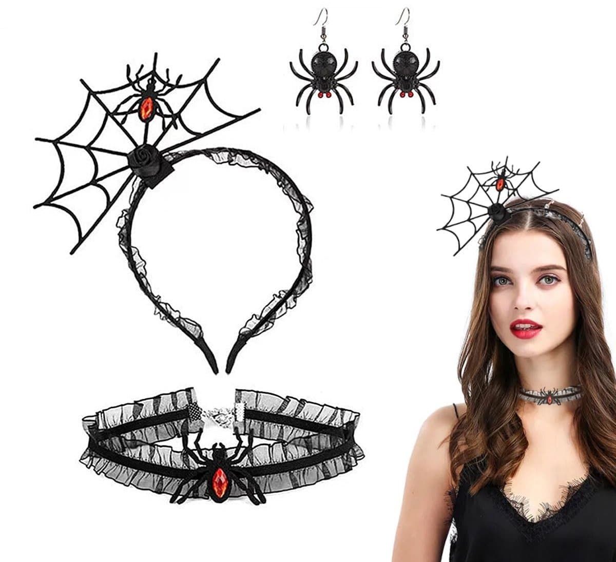 Dailygoods- Haarband Halloween set - Spinnen-hoofdband - Spinnen-halsketting - Feestaccessoires - Hoofdband voor volwassenen - Comfortabel vilt en kant