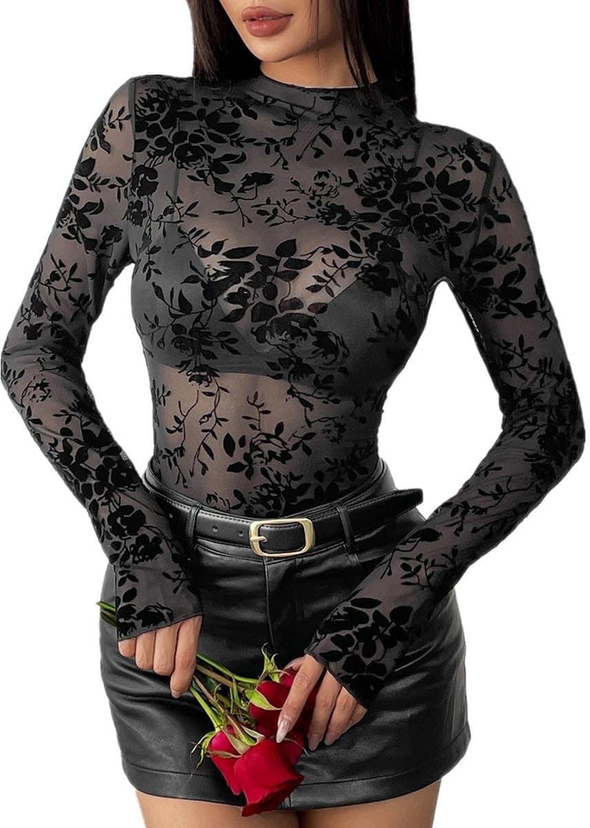 Dailygoods- Bloemenmesh Top - Zwarte Transparante Top - Lange Mouwen - Sexy Bloemenprint - Casual/Clubwear - Polyester/Elastaan - Elegante Look - Bloemenblouse