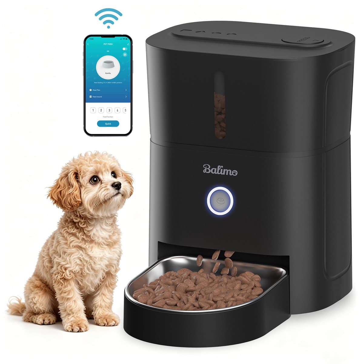 Balimo Voerautomaat - Automatische Voerbak Kat & Hond - 3 Liter - Slimme App Bediening - WiFi Voerdispenser - Geschikt voor Droogvoer - Smartphone Besturing - Zwart