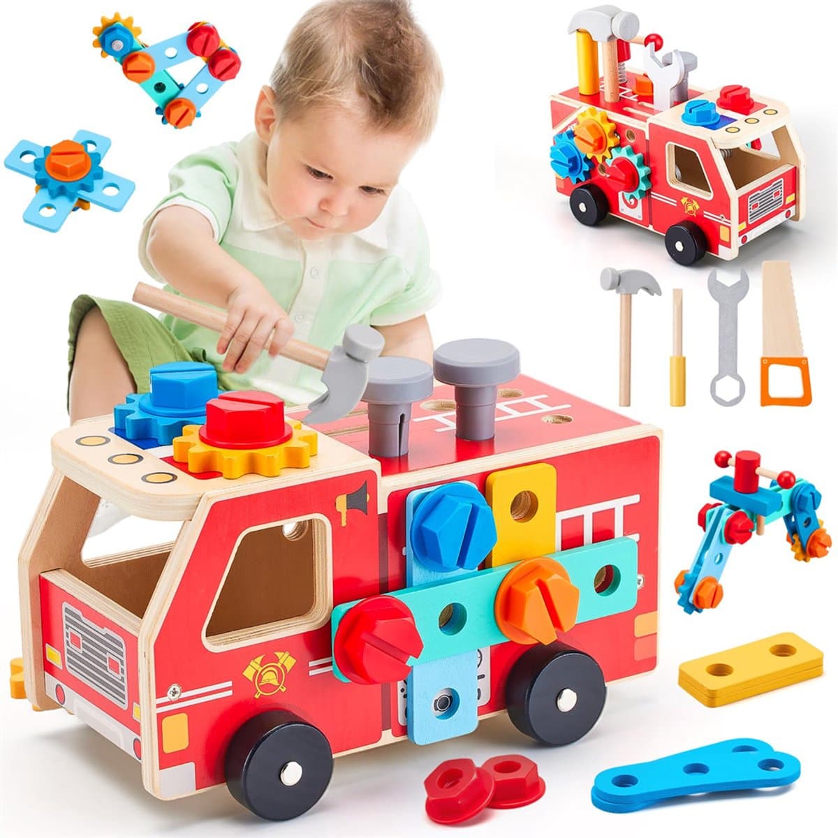 32-delige houten gereedschapsset voor peuters, brandweerwagen gereedschapskist en werkbank, Montessori-speelgoed voor kinderen van 3-6 jaar, educatief fantasiespeelgoed, verjaardagscadeaus voor jongens en meisjes