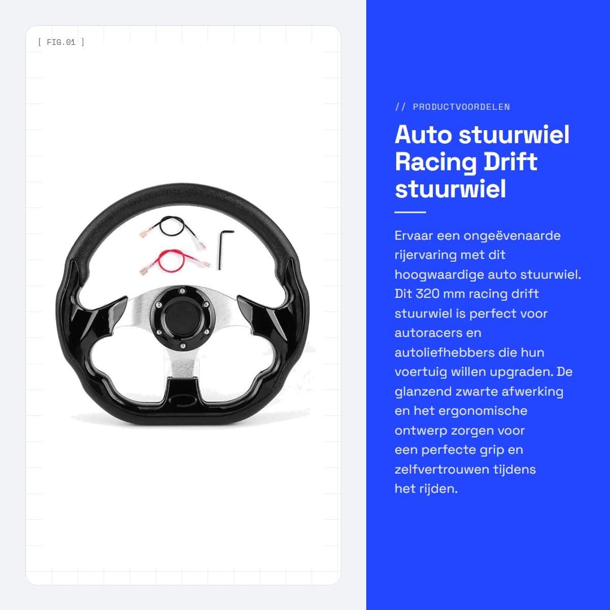 Dailygoods- Stuurwiel 320 mm - Racing Drift - Aluminium/PVC - Geschikt voor de meeste voertuigen - Inclusief hoornharnas - Hoogwaardige kwaliteit - Autostuur