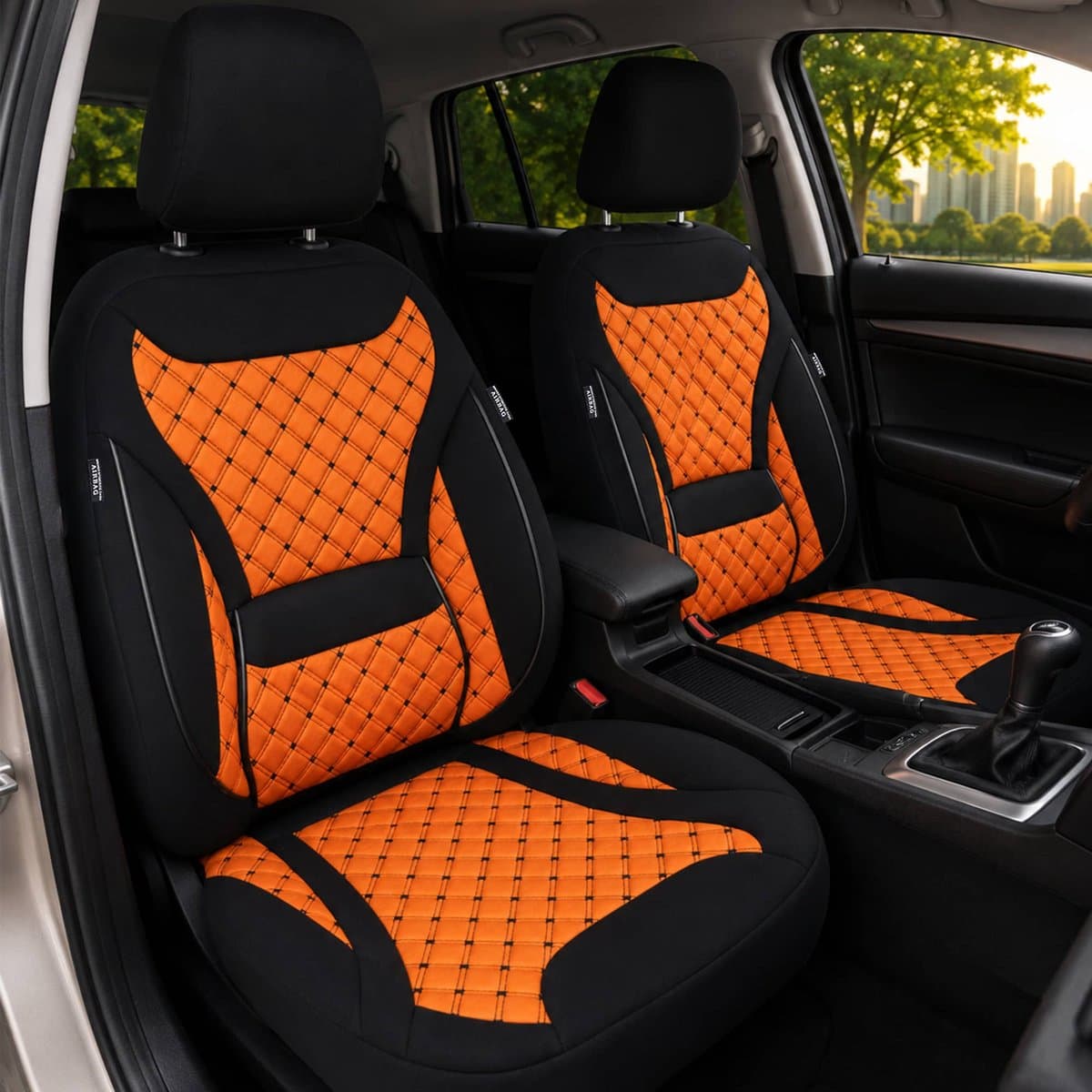 Autostoelhoezen voor Suzuki Splash BJ 2008-14 – Stoelhoezen voor bestuurder en passagier in Zwart/Oranje