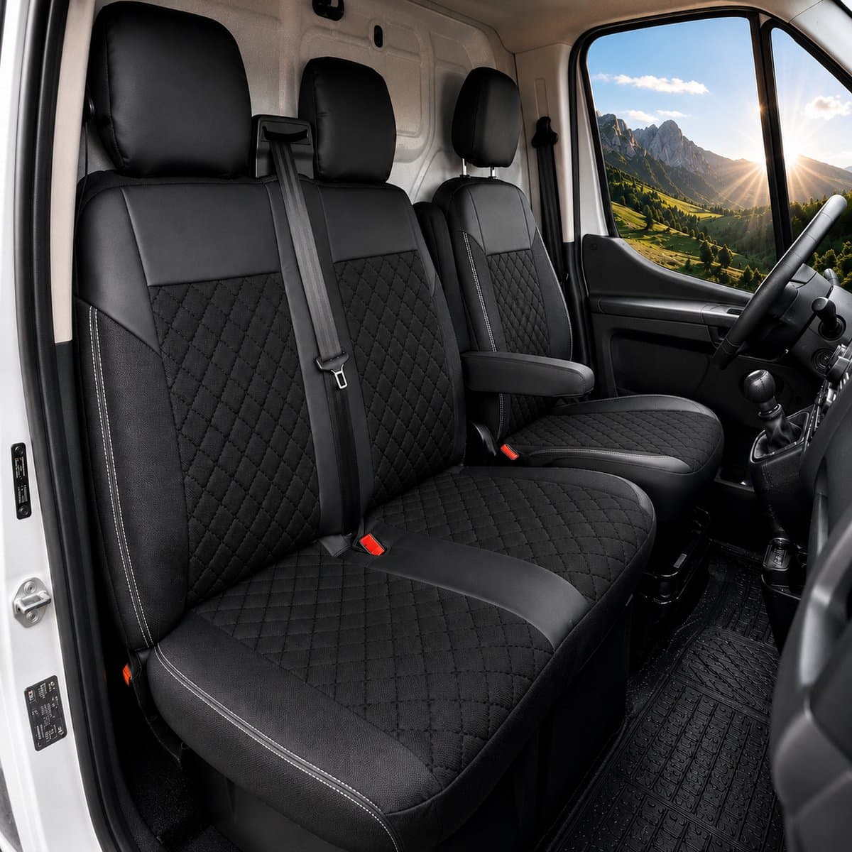Stoelhoezen Ford Transit V363 facelift - Set 2+1 - Zwarte stiknaden - AIM