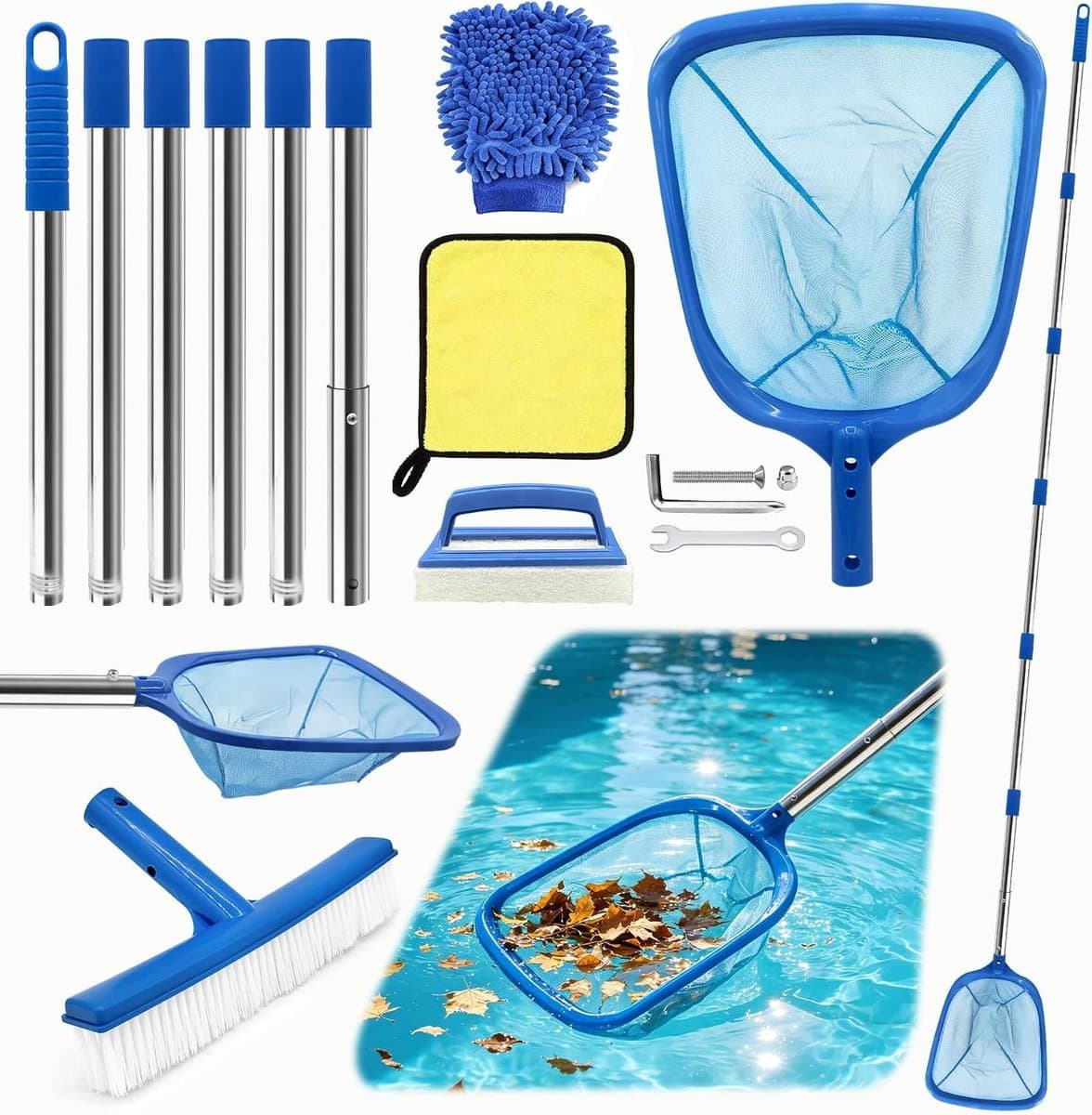Zwembadreinigingsset - Wateronderhoud - Wateroppervlak reinigen - 4-in-1 set - 254 cm - Blauw