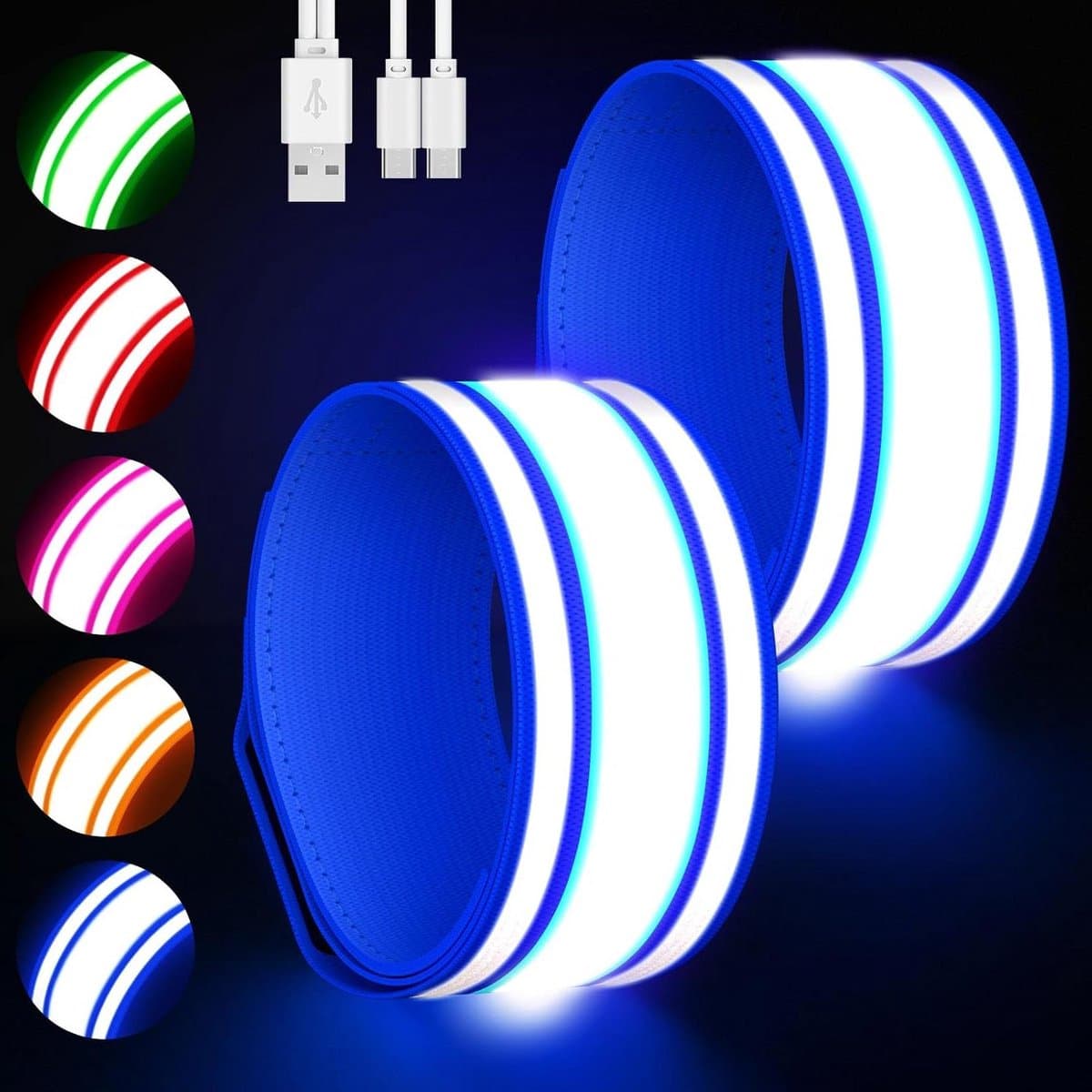 LED Armband - Reflecterende Uitrusting - Nachtelijke Activiteiten - Vijf Kleuren Drie Modi - 2 Stuks - Blauw
