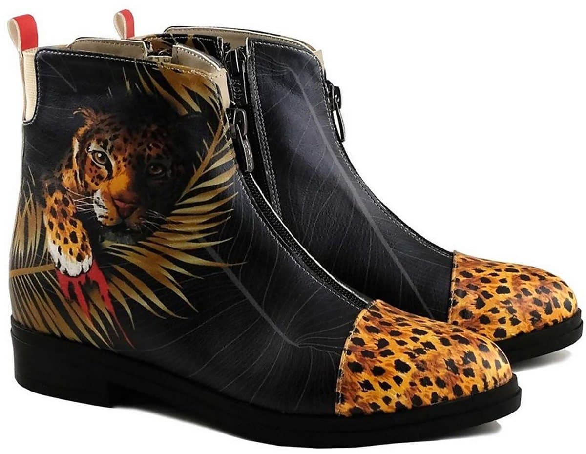 Goby Jungle Spirit Boots – Dames Enkellaarsjes – Luipaardprint & Kunstdesign – Vegan Leer – Handgemaakt – Maat 39