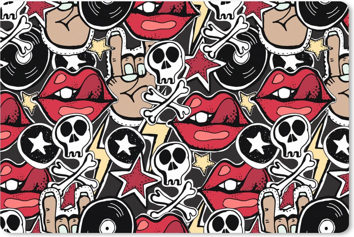 Muismat XXL 120x80 cm - Bureau onderlegger - Bureau mat Rock - Rock 'n roll - Patroon - Doodshoofd - Bureaumat - Gaming mousepad xl - Bureaulegger groot - Computer deskmat