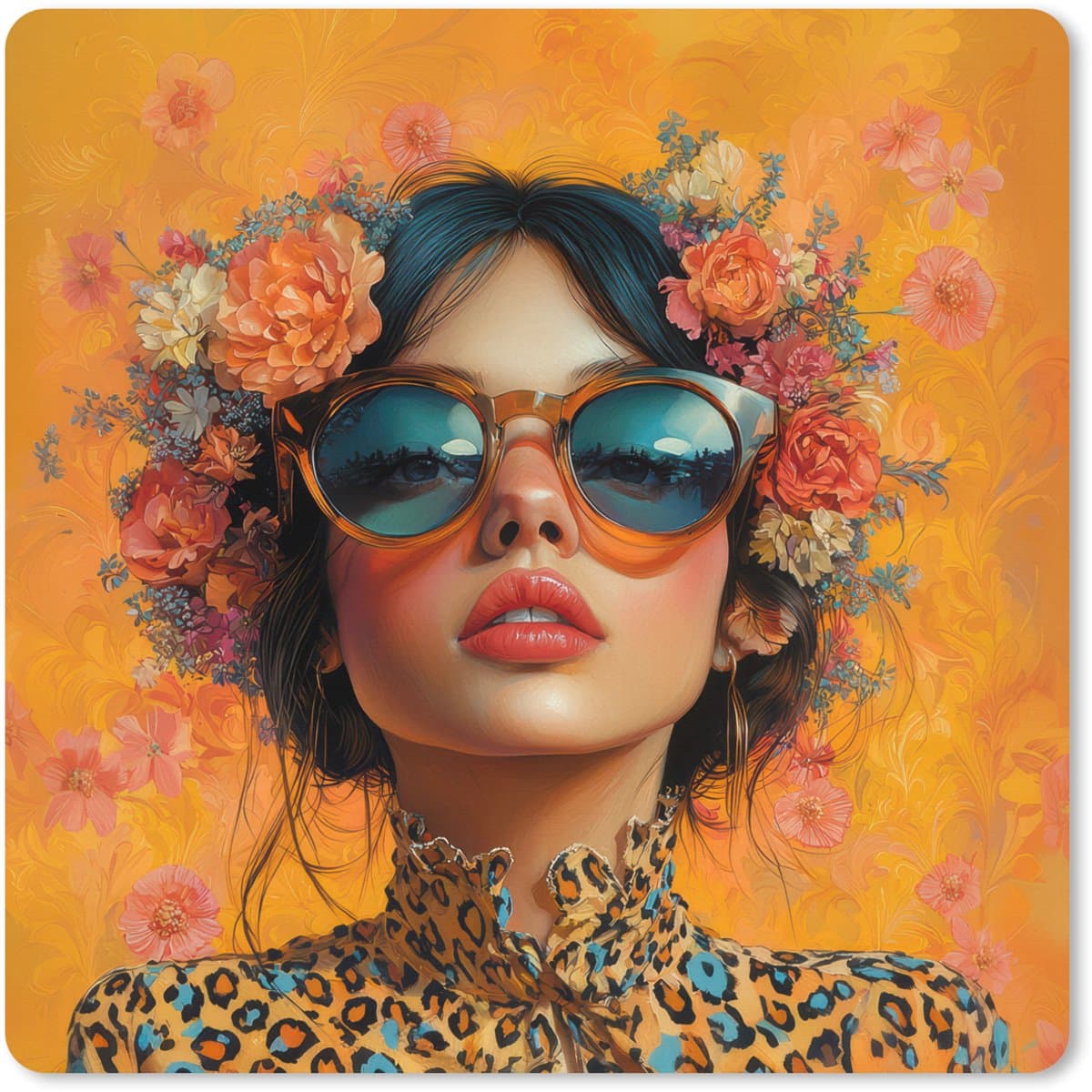 Muismat XXL 40x40 cm - Bureau onderlegger - Bureau mat Vrouw - Bloemen - Aesthetic - Oranje - Bureaumat - Gaming mousepad xl - Bureaulegger groot - Computer deskmat