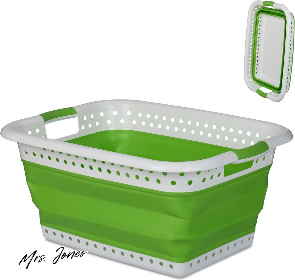 Mrs. Jones opvouwbare wasmand 36 liter handvatten ruimtebesparend rechthoekig plastic mand heupwasmand groen-wit-Trendy wasmand-moderne wasmand .