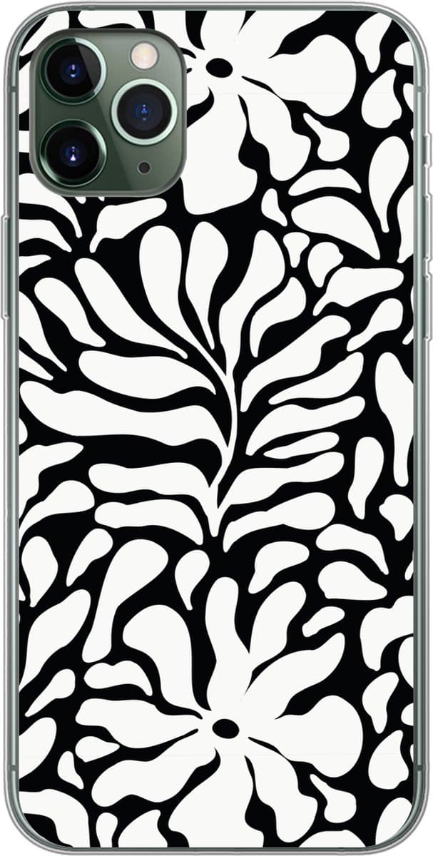 Telefoonhoesje Geschikt voor iPhone 11 Pro Max hoesje - Bloemen print - Zwart - Wit - Bladeren - Siliconen Telefoonhoesje Telefoonhoesje