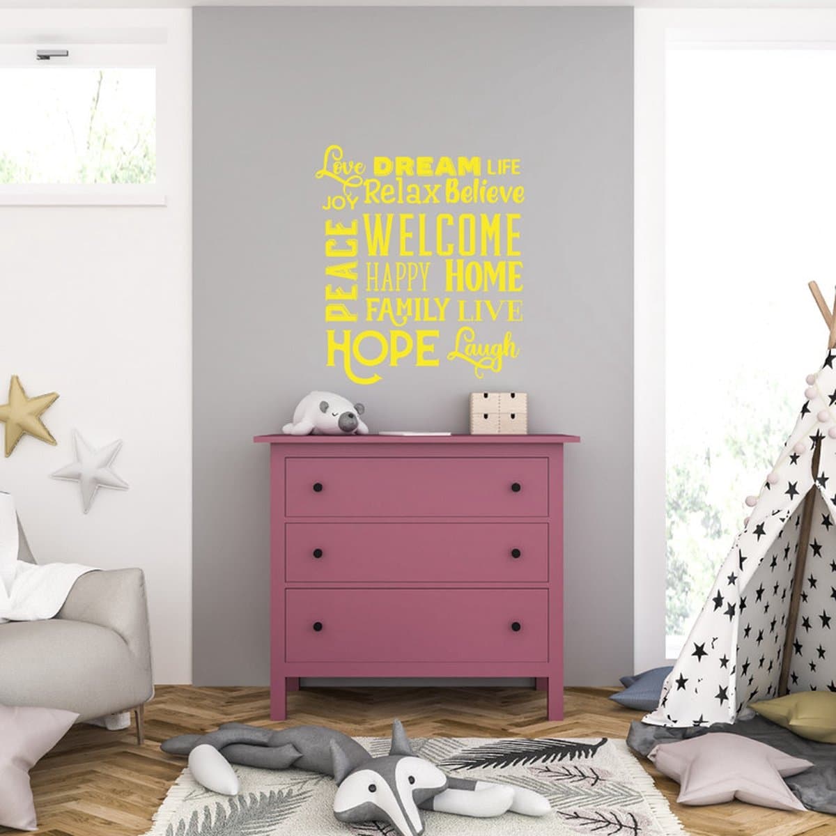 Muursticker - Love Dream Life - 40,6 x 46,2 - Geel