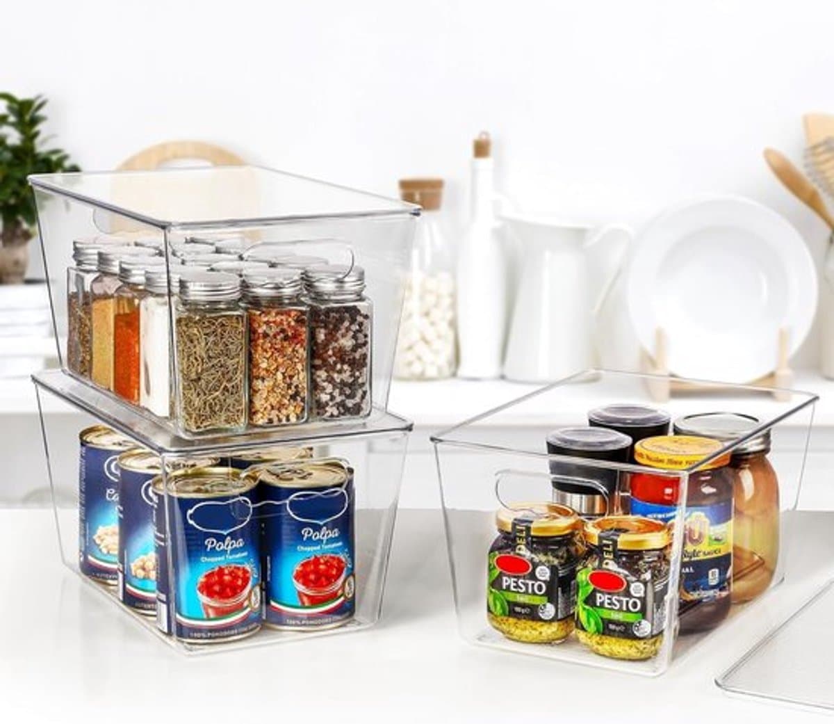 Candala - 2 stuks opbergdozen met deksel, stapelbare kunststof dozen voor keukenopslag en organisatie, perfect voor badkamer, kast, keuken, koelkast, kastorganisatie (M)