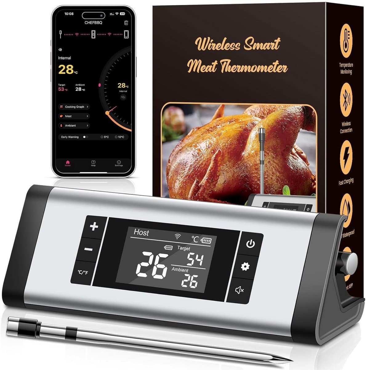 Draadloze Vleesthermometer met Wifi en Bluetooth voor Perfect Grillen