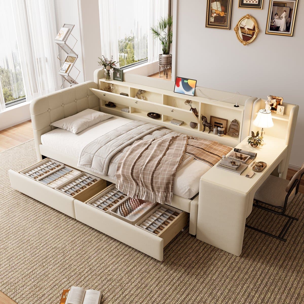 MODENUIT Daybed 90x200 cm – Zonder matras – Met schrijftafel, USB-C en USB – Klapvak en 2 lades – Linnen – Beige