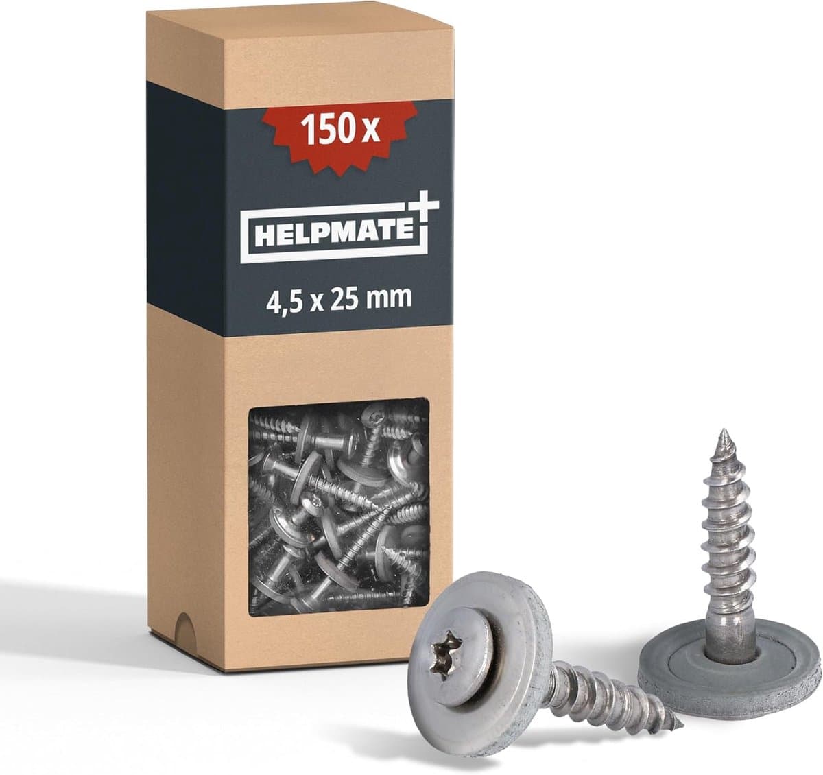HELPMATE – Loodgietersschroeven 4,5x25 mm, 150 stuks, DIN 7995, roestvrij staal A2, T20, DIN 7995, dakdekkersschroeven, bolkop, met schotelring en EPDM-afdichtring, zilver, 4,5 x 25 mm
