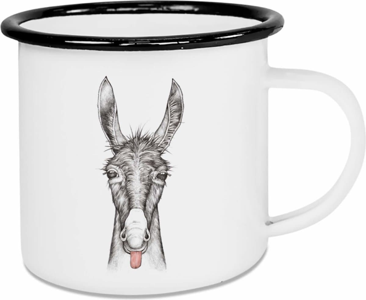 Beker Emaille - Ezel - Wit met Zwarte rond - 500ml