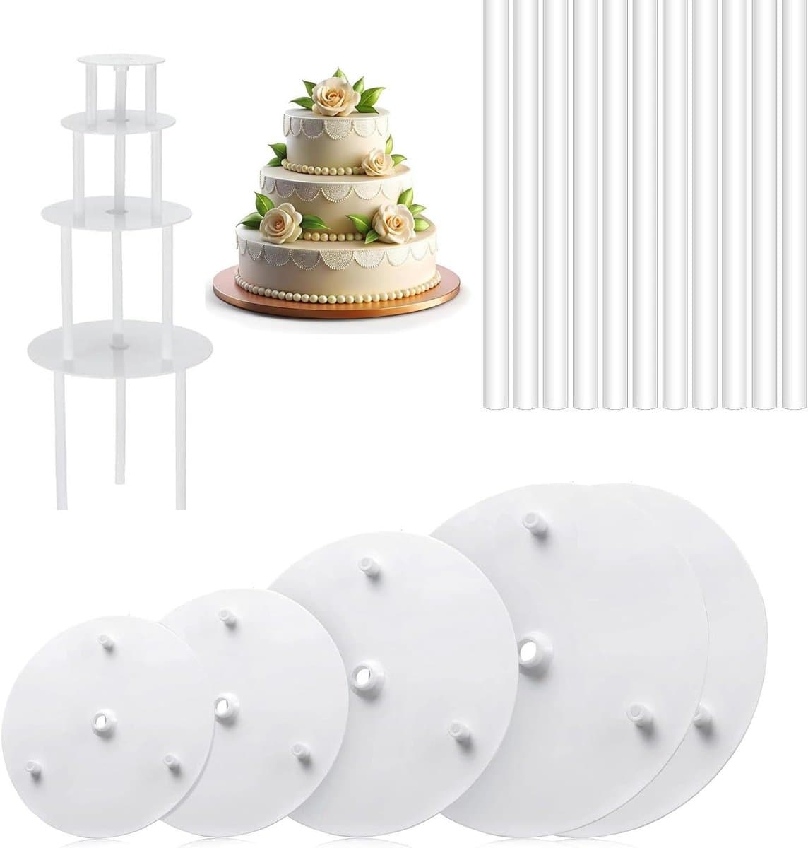 Set van 5 Herbruikbare Taartplanken van 9/12/16/20/20 cm met 15 Plastic Steekstokken voor Meerlaagse Taarten, Bruiloften en Feestdecoratie