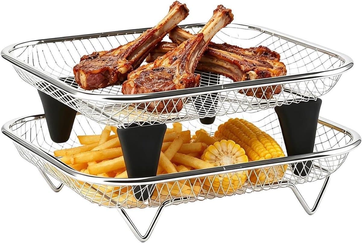 Airfryer mand - met siliconen voeten mesh plank, 2-delige airfryer mand voor oven, voor braden bakken, grillen koken dehydreren thuis bar appartement slaapzaal keuken