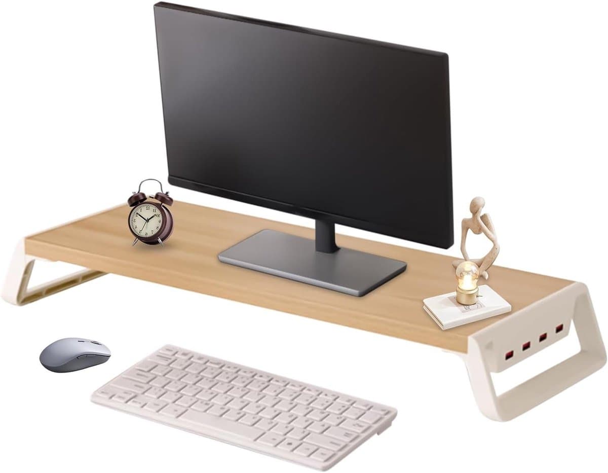 Monitor Verhoger - Bureau Organizer - Werkplek Verbeteren - Met 4 USB-poorten - 50 x 20 cm - Houtkleur met Wit