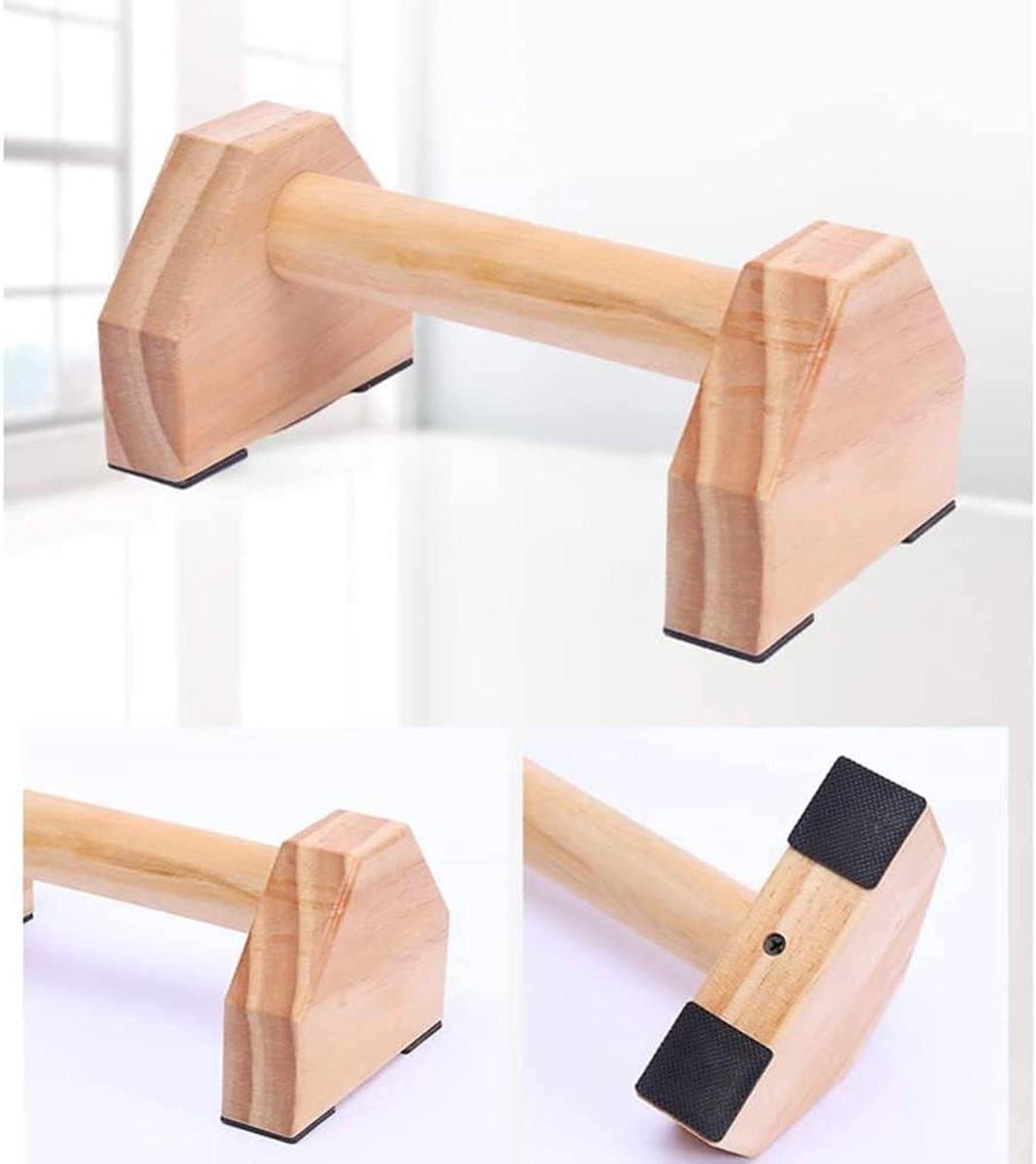 Houten Push-Up Frames - Oefen Beugels - Krachttraining Thuis - Antislip Hout - 25x14x11cm - Khaki
