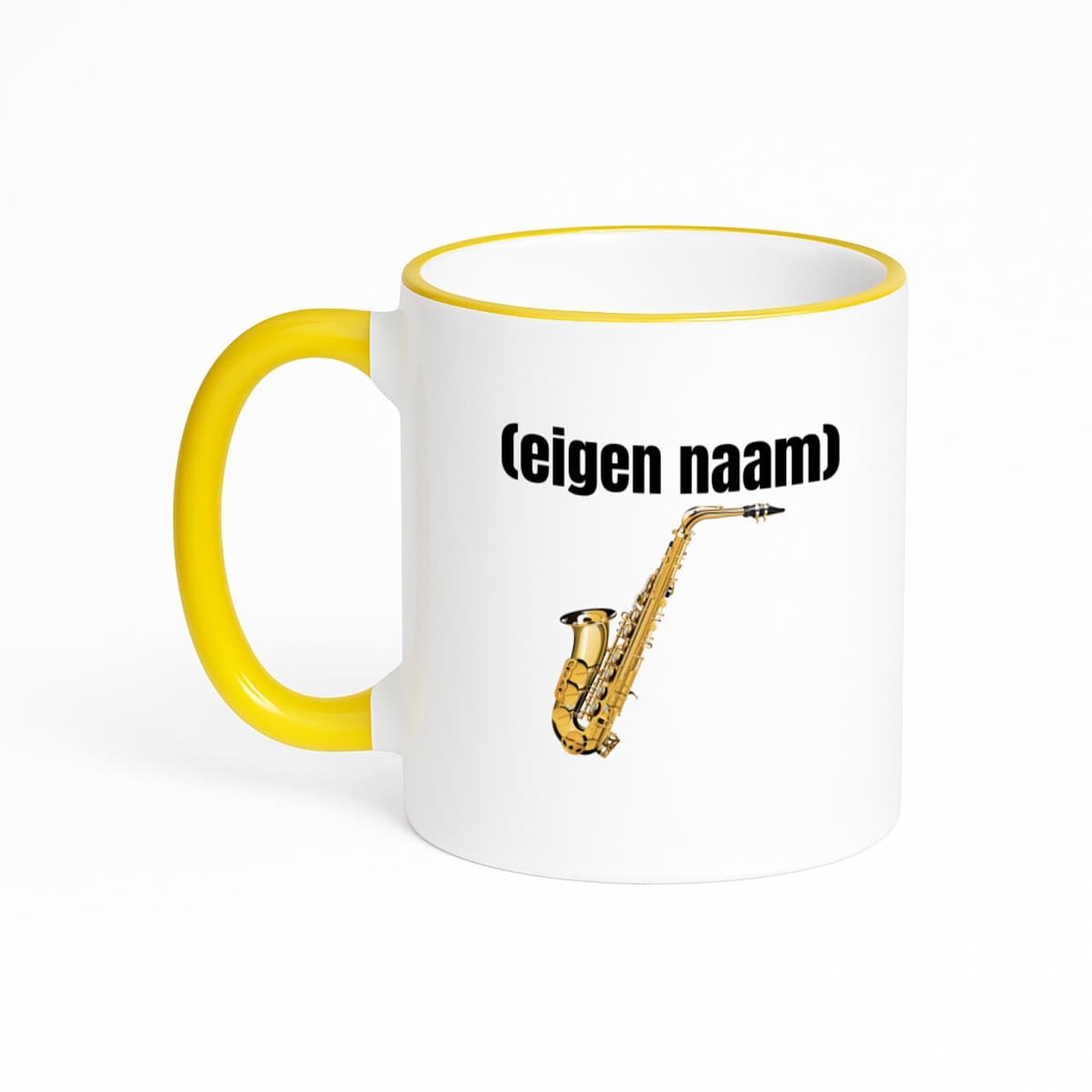 Hacebo® - saxofoon met eigen naam koffiebeker met gekleurde rand geel - Saxofoon - muziek liefhebbers - thee mok - koffie beker - iemand die houdt van saxofoons - verjaardag - cadeau - kado - koffiemok - 330 ML