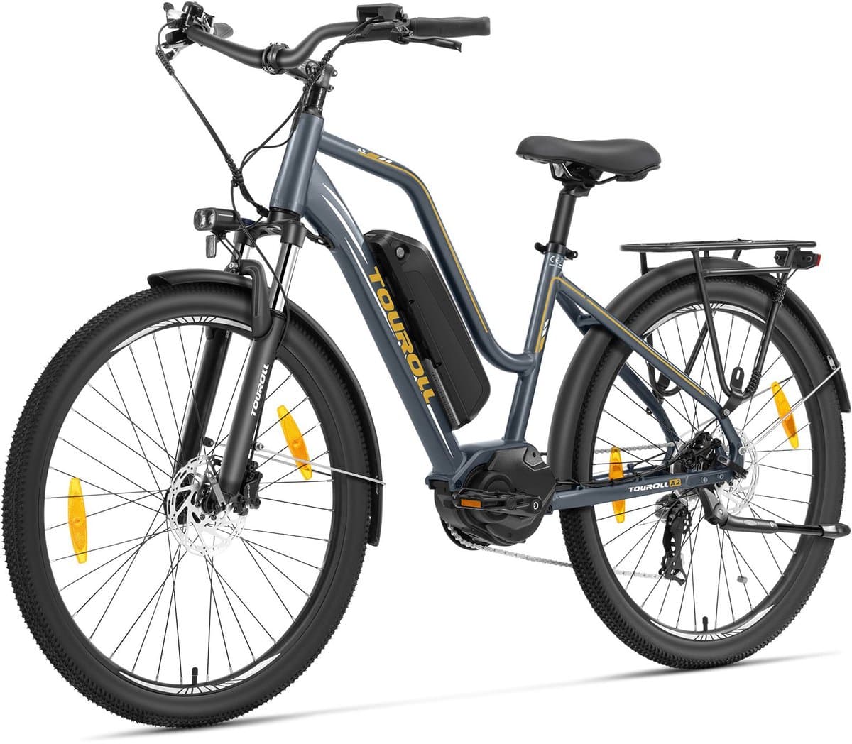 Touroll MA2 elektrische fiets, 250W middenmotor, 36V 13Ah accu, 27,5" banden, maximumsnelheid 25 km/u, maximaal bereik 100 km, hydraulische schijfrem, verende voorvork met lockout, Shimano 7-speed - Donkergrijs