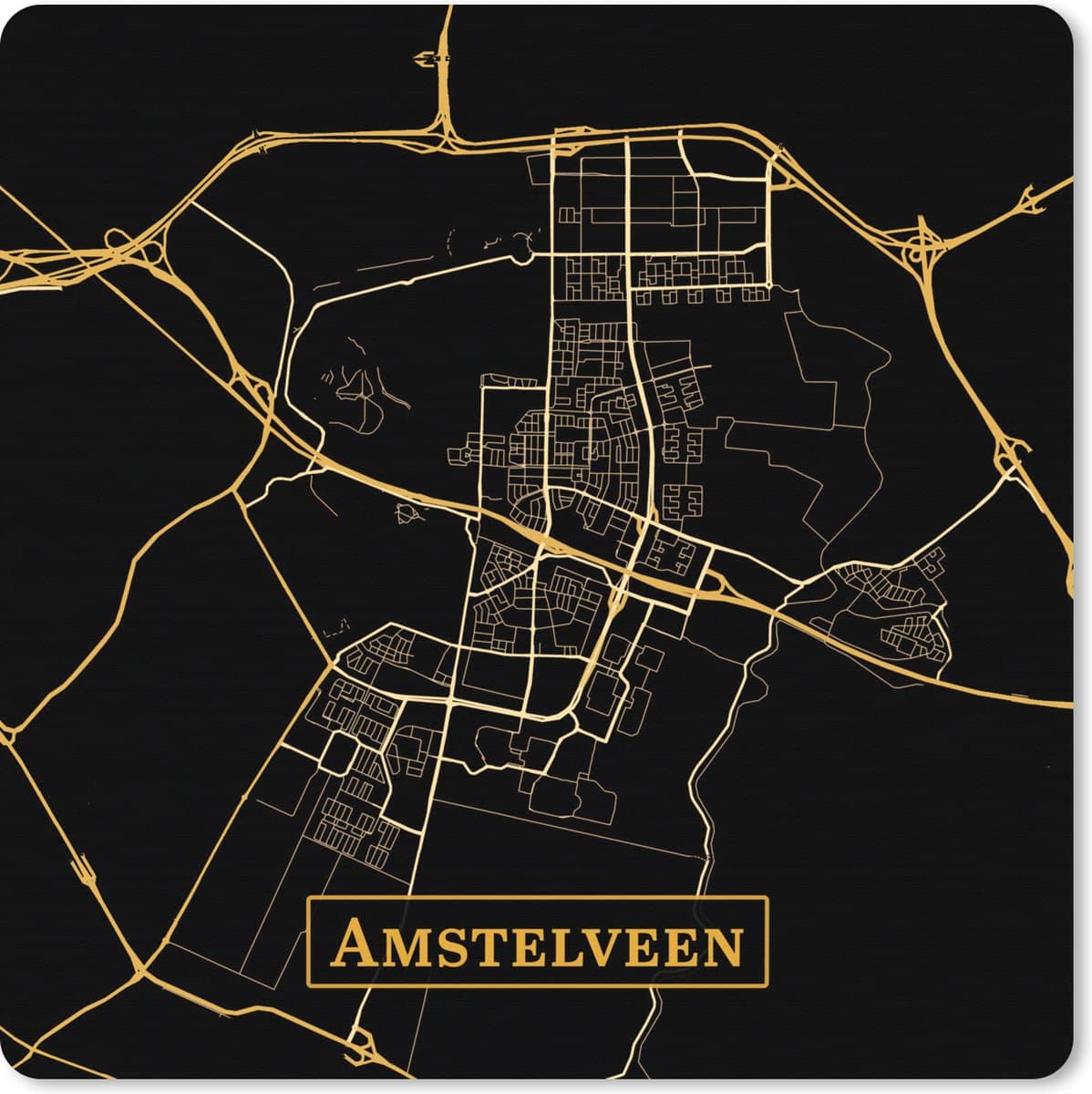 Muismat XXL 60x60 cm - Bureau onderlegger - Bureau mat Kaart - Amstelveen - Zwart - Goud - Bureaumat - Gaming mousepad xl - Bureaulegger groot - Computer deskmat