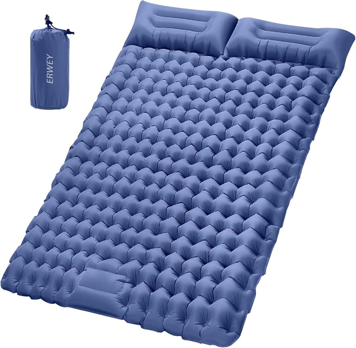 Zelfopblazend Slaapmat voor 2 Personen, 200 x 135 cm, Ultralicht Isolerend, Opblaasbare Luchtmatras met Voetpomp en Kussen, Vouwbare Slaapmatten in Marineblauw