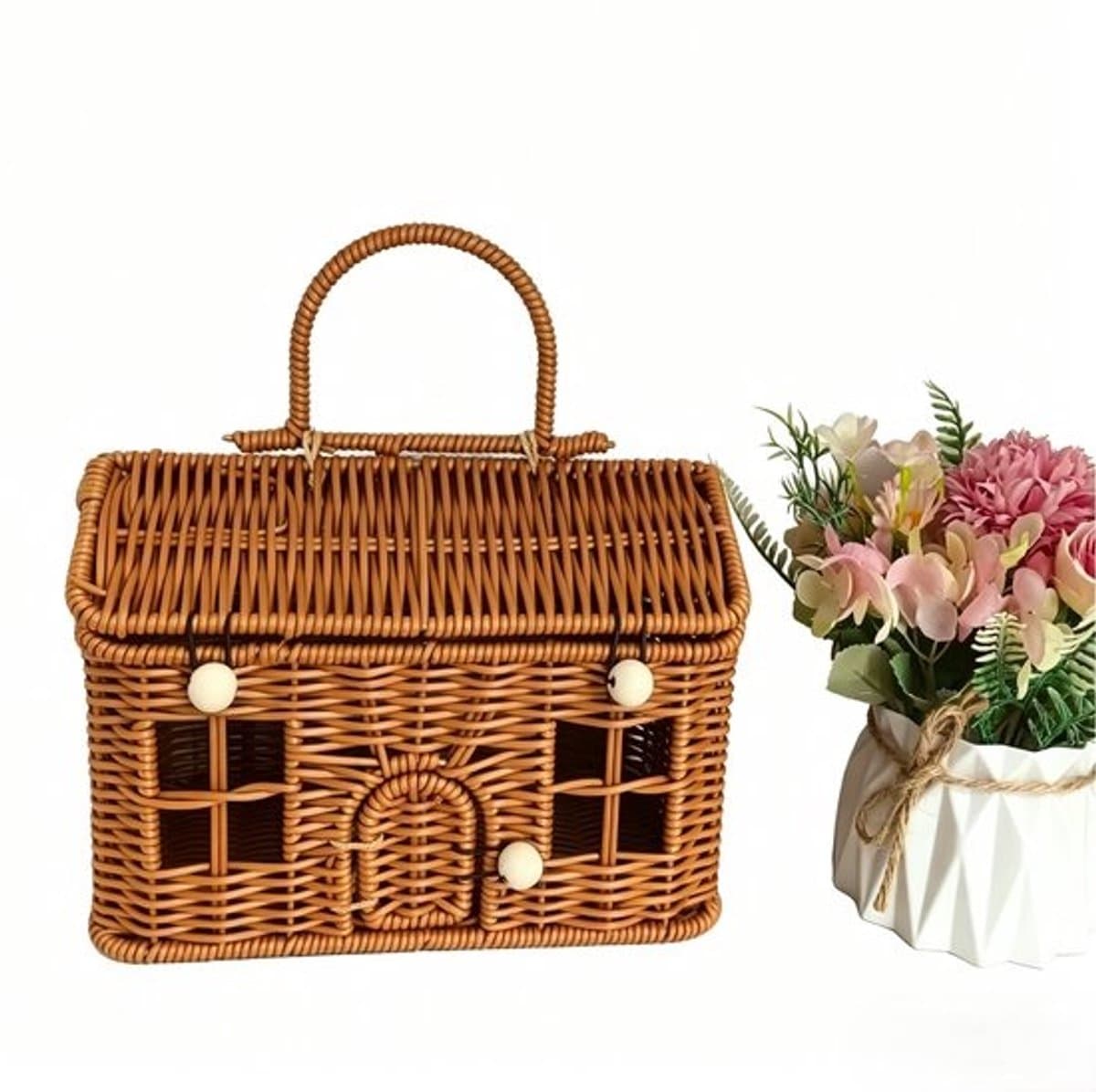 Picknickmand - met deksel - Rieten tuinmand -Picknickmand Rieten - Boodschappenmand Cadeau - huisvormige PP rotan picknick - voor Picknick Planten Opberg Decoratie - Handgeweven - 24×14×16cm
