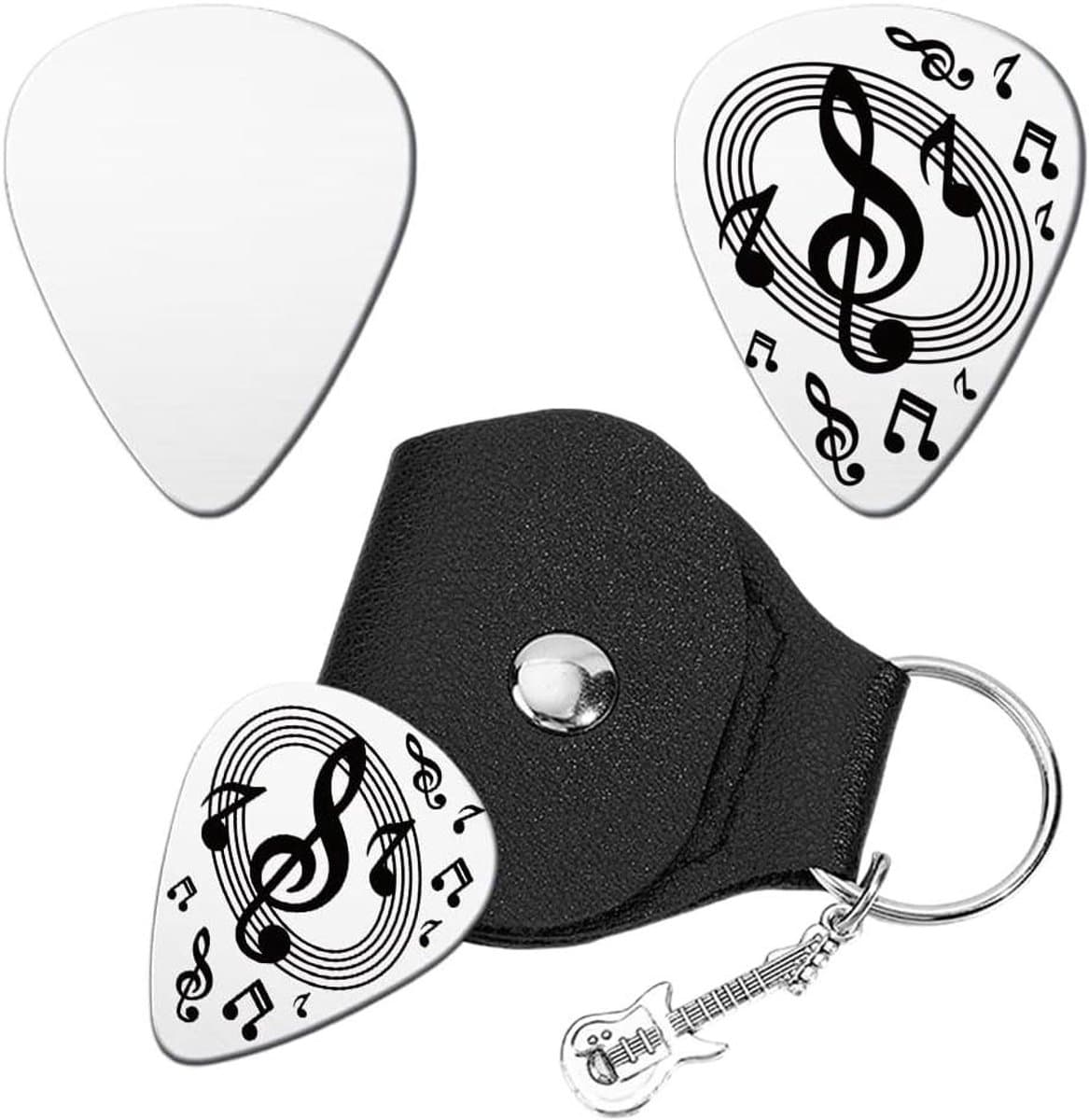 TTGoods - Roestvrij Staal Gitaarplectrum Sleutelhanger met PU Lederen Case - Dubbelzijdig Plectrum - Verjaardagscadeau - Valentijnsdag - Afgestudeerden - Gitaarist - Muzikant