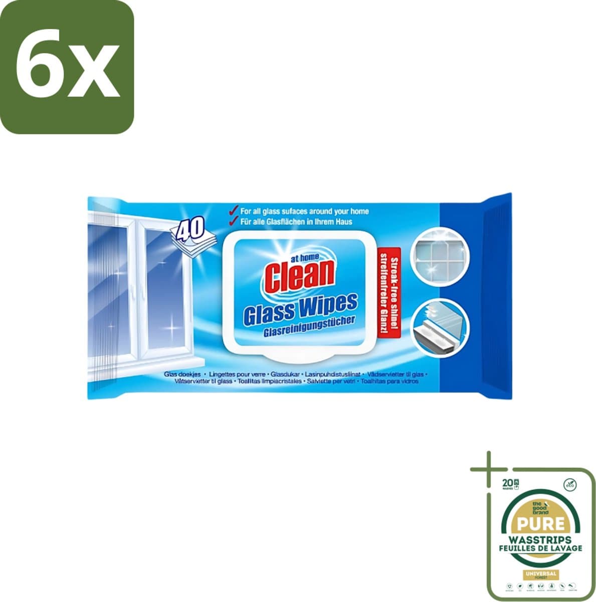 At Home - Clean - Glas Reinigingsdoekjes - Reinigt Streepvrij - 40 Doekjes - Voordeelverpakking - 6 stuks - Streepvrije ramen - Ruiten schoonmaken