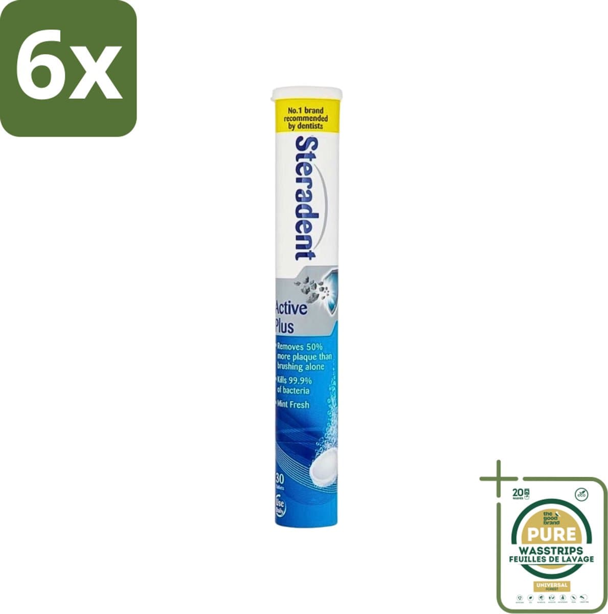 Steradent - Reinigingstabletten - Active Plus - Tegen Tandsteen & Bacteriën - 30 Tabletten - Voordeelverpakking - 6 stuks - Bacteriën doden - Mondhygiëne