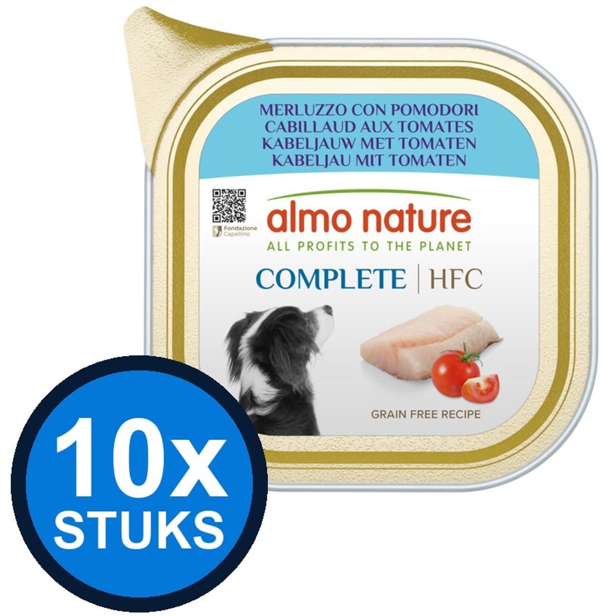 10x Almo Nature HFC dog alu complete kabeljauw&tomaten 150gr