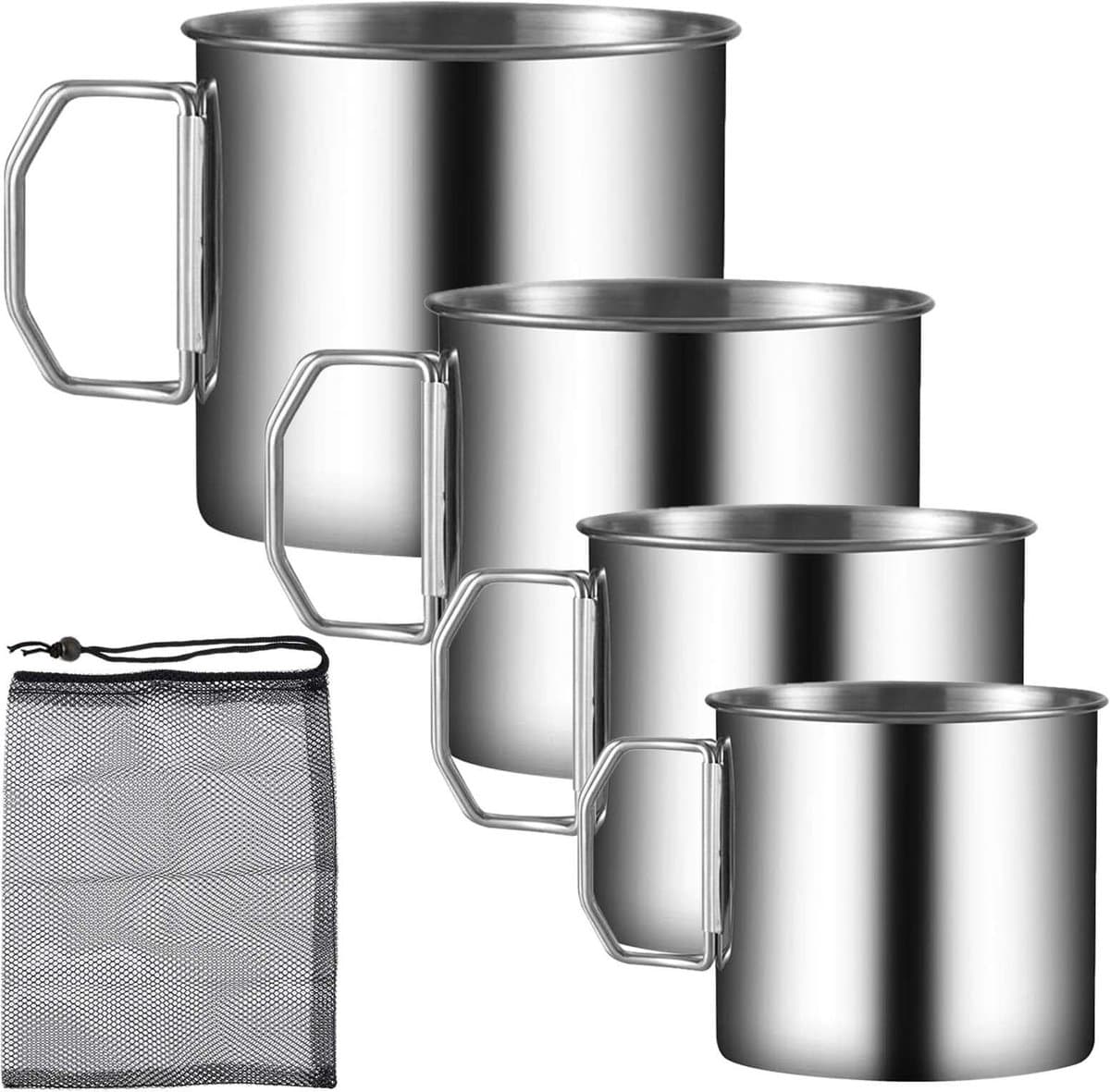 Dailygoods- Campingbeker 4 stuks - Roestvrijstalen Bekers - Inklapbare Handgrepen - 760 ml / 550 ml - Antislip Onderkant - Ruimtebesparend Design - Mok