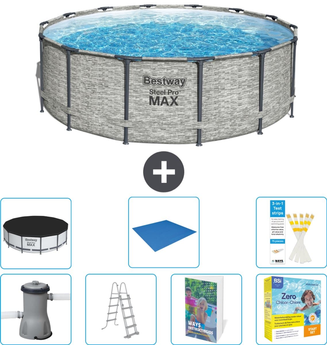 Bestway Rond Steel Pro MAX Zwembad - Steenprint - 427 x 122 cm - Inclusief Pomp - Ladder - Afdekzeil - Grondzeil - Onderhoudspakket - 8-delig