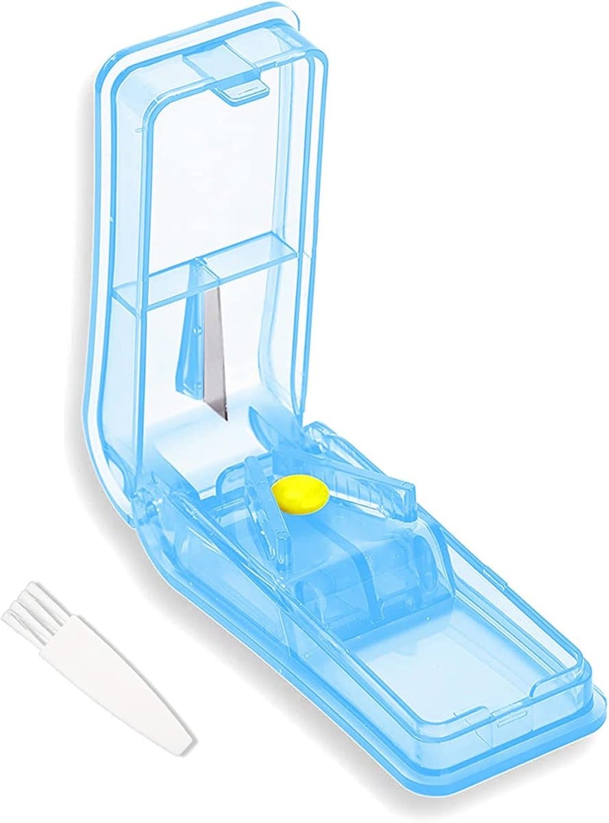 Tablettverdeler, pillverdeler, medicijnverdeler, voor grote en kleine tabletten, medicijnverdeler met opbergvak, verdeelt pillen nauwkeurig (blauw)