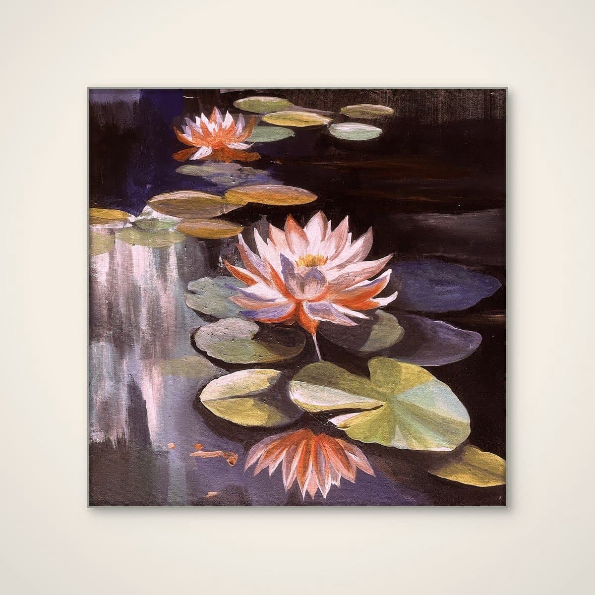 Akoestisch schilderij - 80 x 80 cm - Tranquil Water Lilies van Santhosh ch - Botanische wanddecoratie - zilver textielframe
