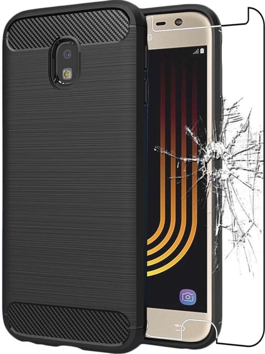 ebestStar - Hoes geschikt voor Samsung J3 2017 Galaxy SM-J330F, TPU Bescherming Cover, Koolstof Design Hoesje, Zwart + Gehard Glas