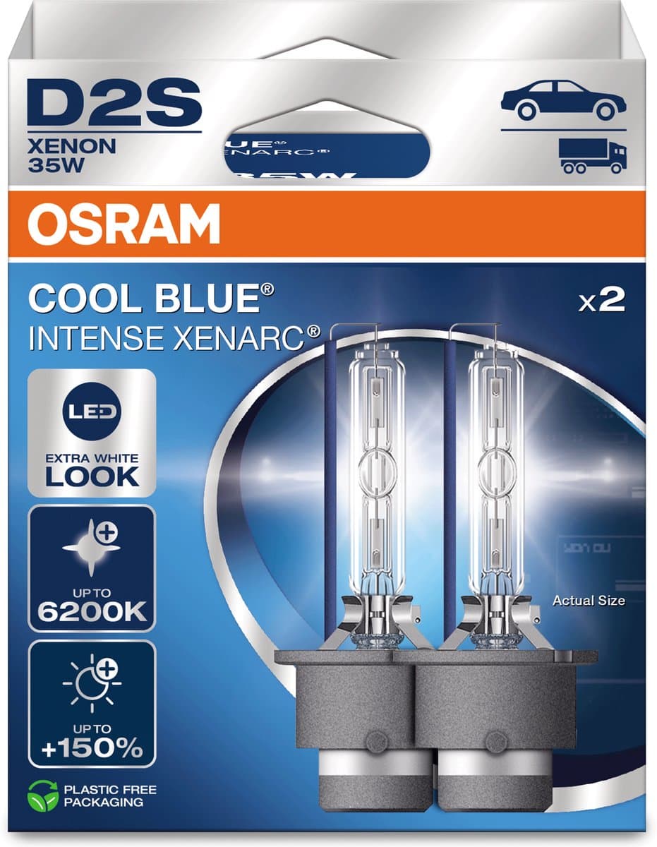 OSRAM XENARC® COOL BLUE® INTENSE D2S, 150% meer licht, tot 6.200K, xenon koplamp, LED-look, 2 lampen