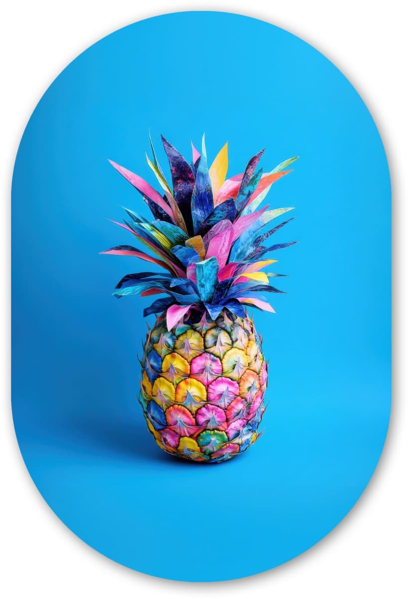 Muurovaal 60x90 cm - Ovale wanddecoratie Ananas - Blauw - Tropisch - Vrolijk - Ovalen schilderij - Muurdecoratie woonkamer - Kamer decoratie - Schilderijen - Wandcirkel