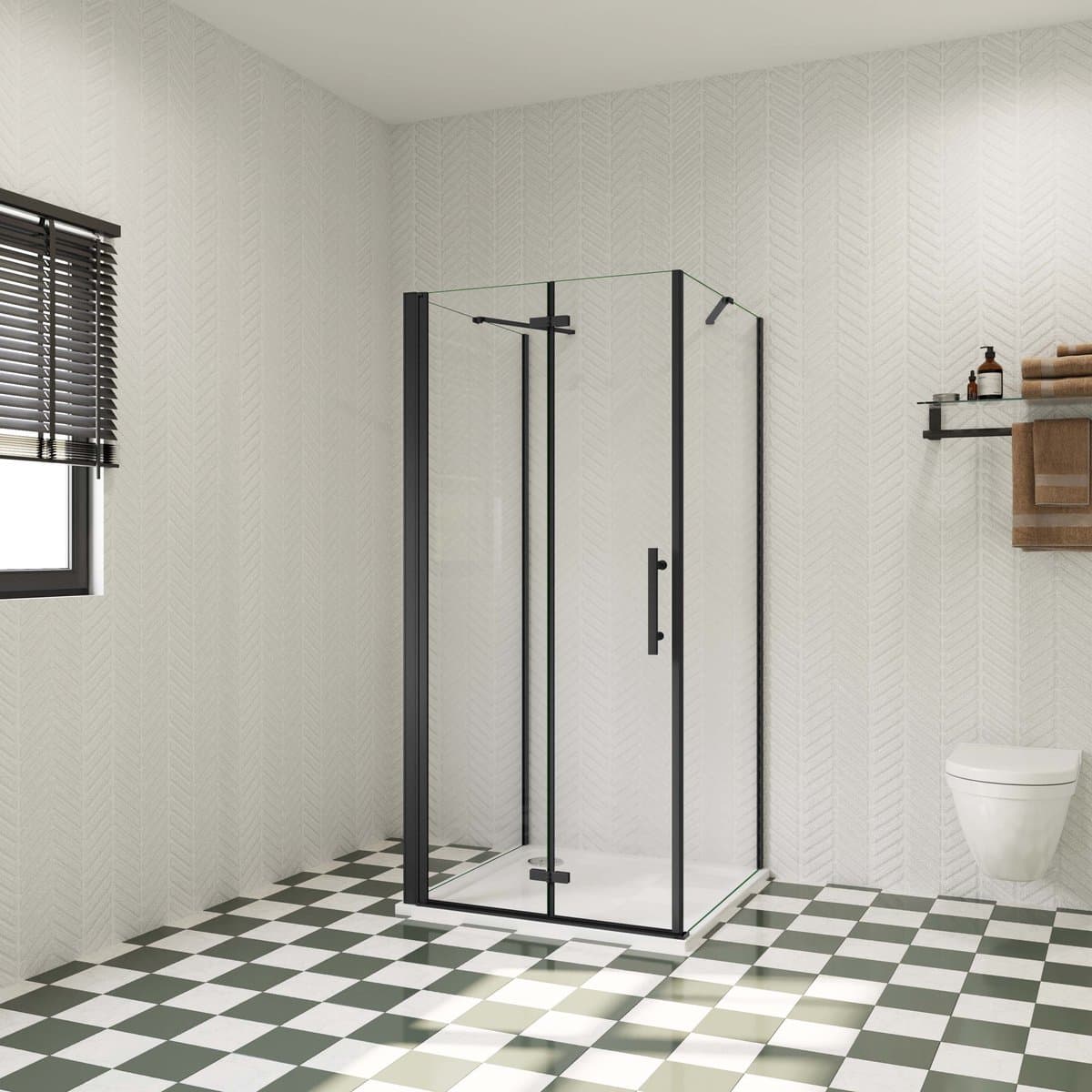 80x70x195cm douchecabine, met inklapbare vouwdeur en twee vaste zijwanden, 6mm helder EasyClean veiligheidsglas,mat zwarte aluminium frame, stabilisatiestang 73-120 cmX2