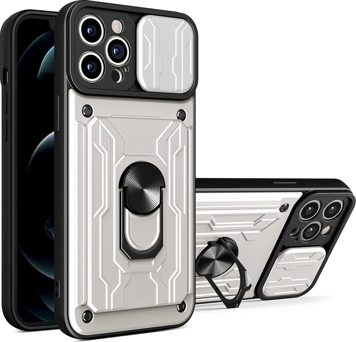 Geschikt voor iPhone 13 Pro hoesje met pashouder - camera bescherming cover en ring houder – Zilver – oTronica