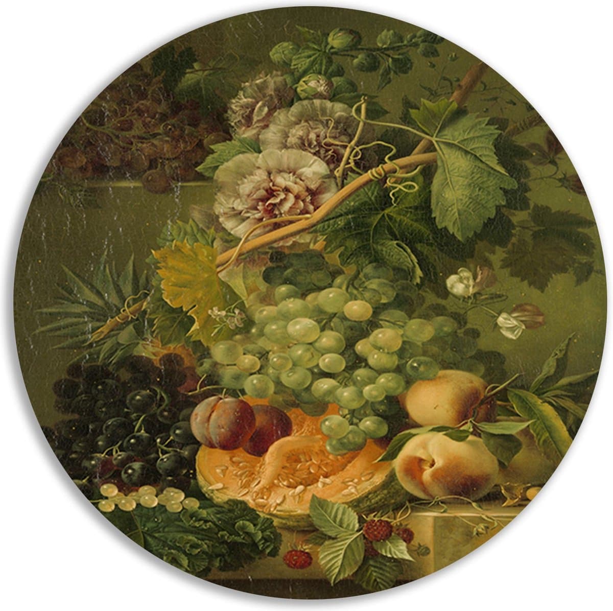 Stilleven van bloemen en vruchten - Albertus Jonas Brandt wandcirkels - Fruit muurcirkel - Wandcirkel Eten - Wanddecoratie kinderkamer - Wandschaal - Kunst aan de muur muurcirkel aluminium 90x90 cm