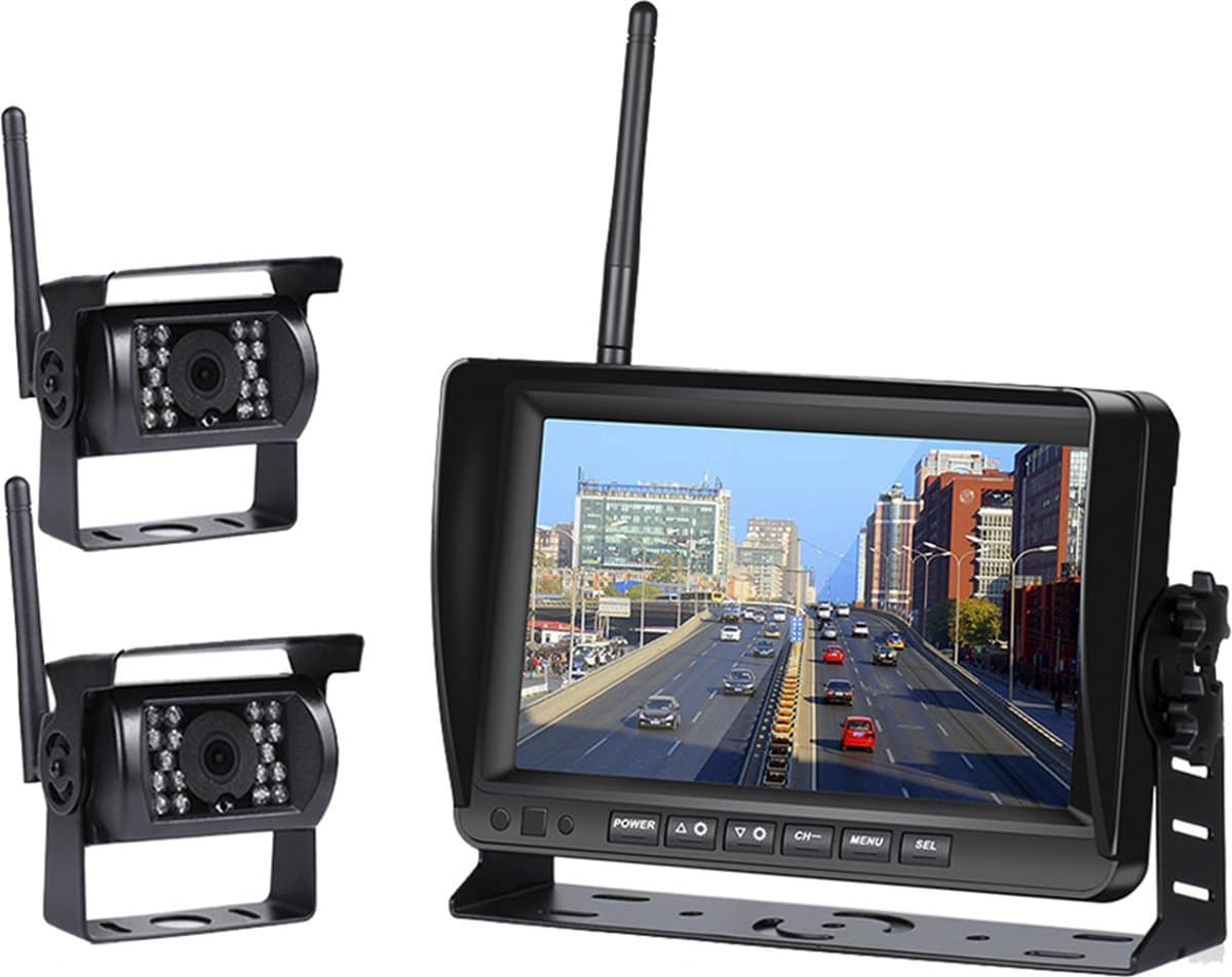 Achteruitrijcamera met Dashcam Set Draadloos - 7" Scherm - 18LED Nachtzicht 15m - IP67 Waterdicht - 2 Camera’s - Geschikt voor Auto/ Camper / Caravan / Vrachtwagen / Landbouw / Boot / Tractor