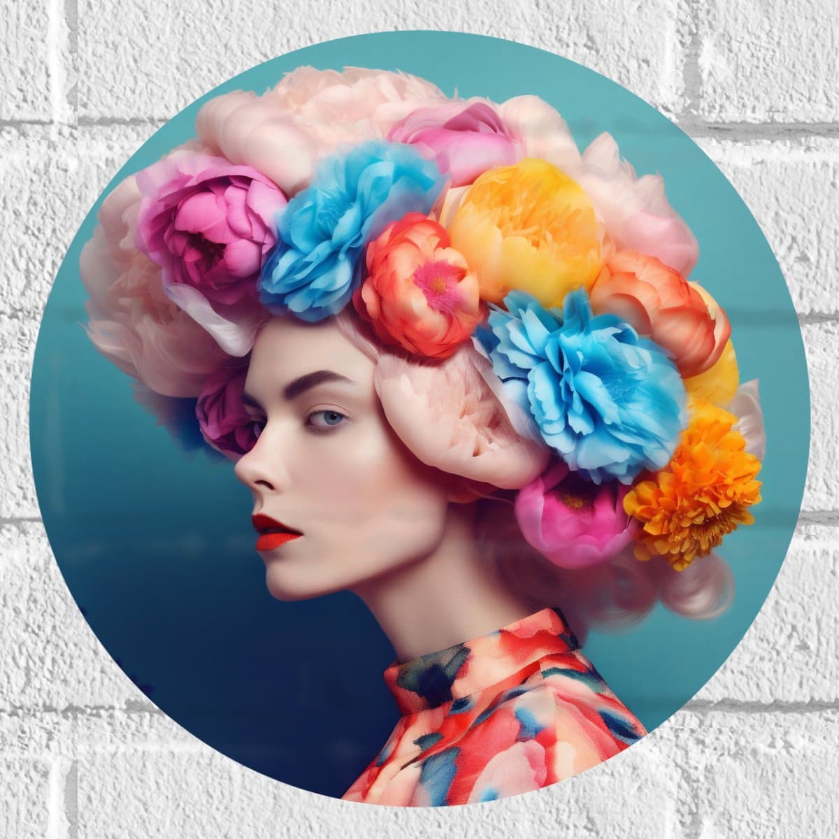 Muursticker Cirkel - Vrouw met Bloemen in Haar - 30x30 cm Foto op Muursticker