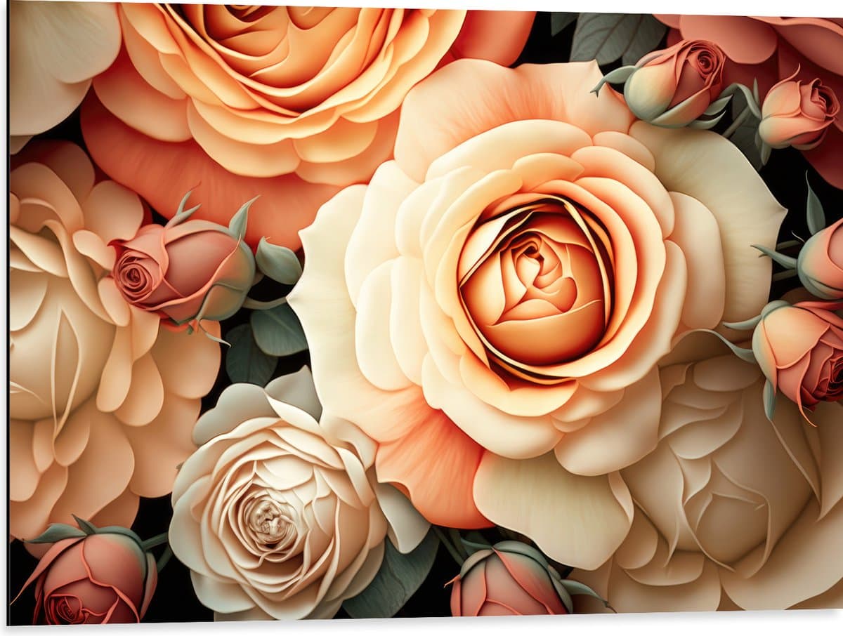 Dibond - Roze, Beige en Groene Bloemen - 80x60 cm Foto op Aluminium (Met Ophangsysteem)