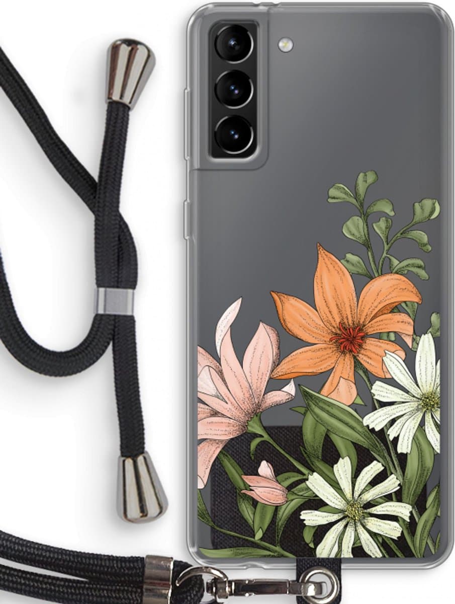 Case Company® - Hoesje met koord geschikt voor Samsung Galaxy S21 Plus hoesje met Koord - Floral bouquet - Telefoonhoesje met Zwart Koord - Bescherming aan alle Kanten en Over de Schermrand